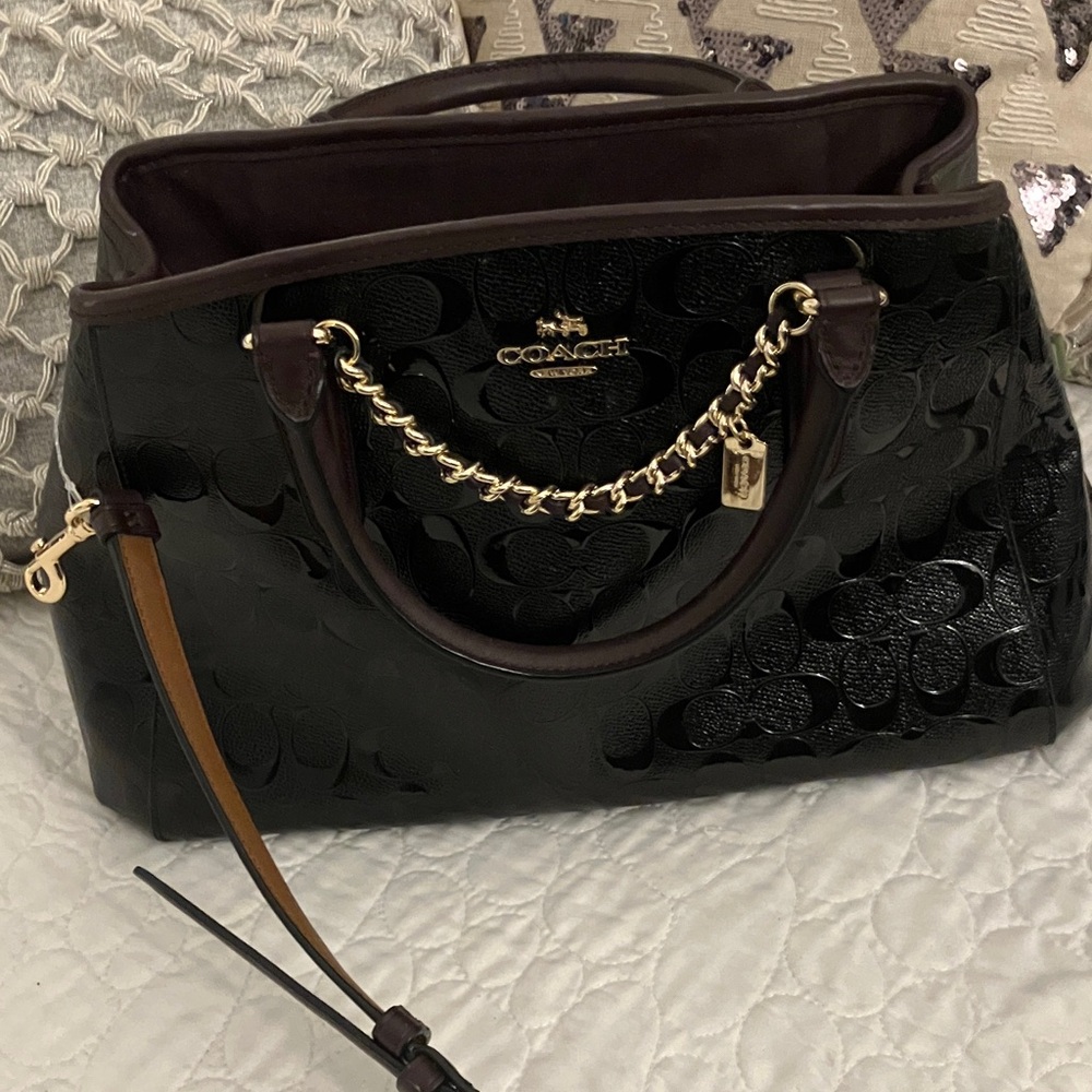 Coach Black Embossed Satchel with Gold Accents
